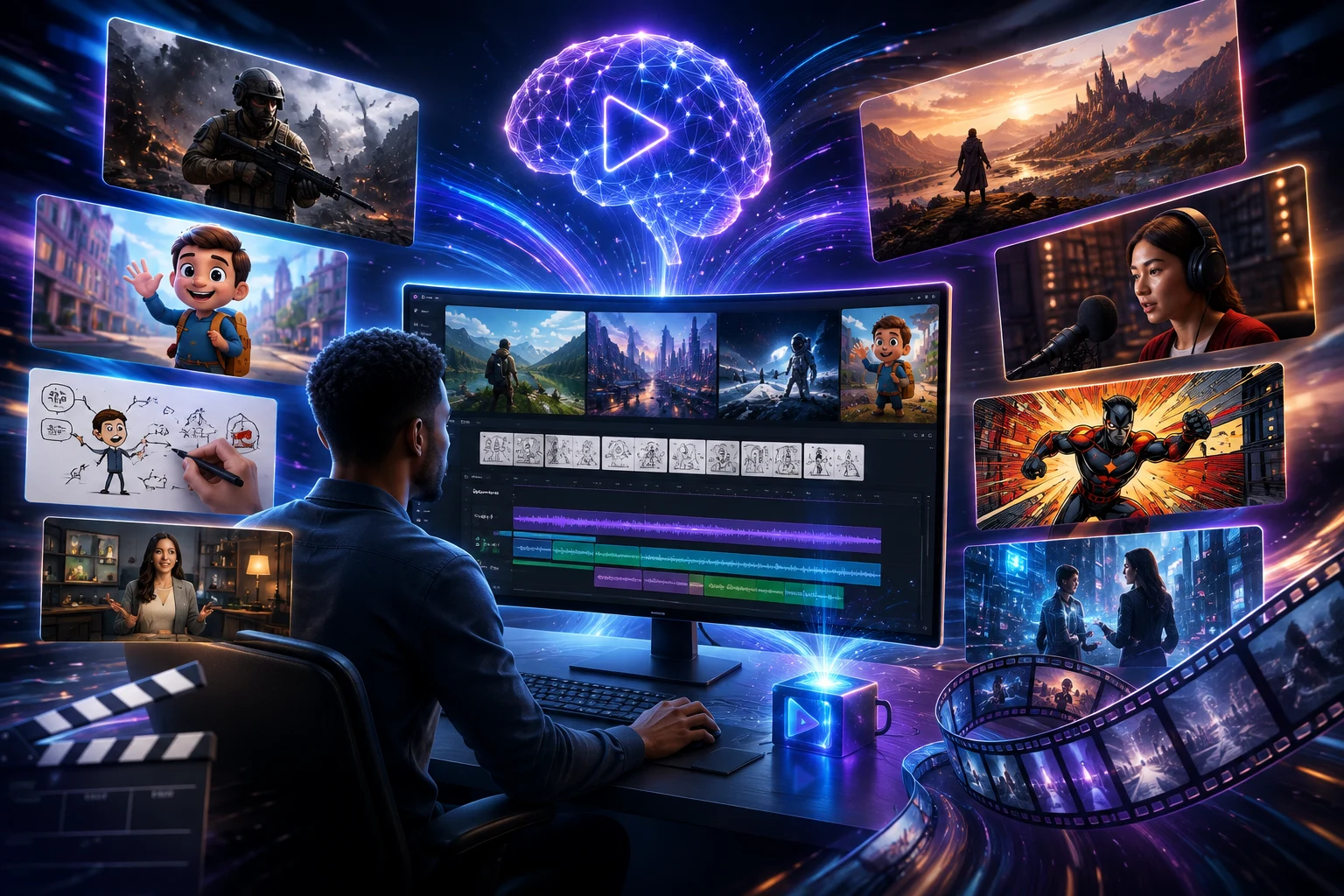 Publiax Video Studio - a creator assembling an AI video from realistic, cartoon, whiteboard and comic-book scenes