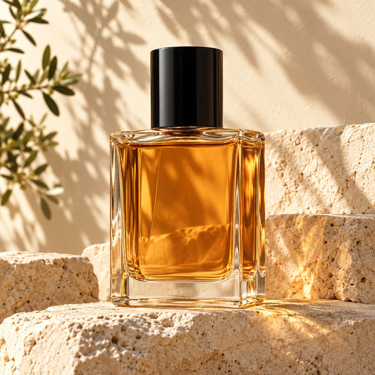 Product bottle on warm ivory stone